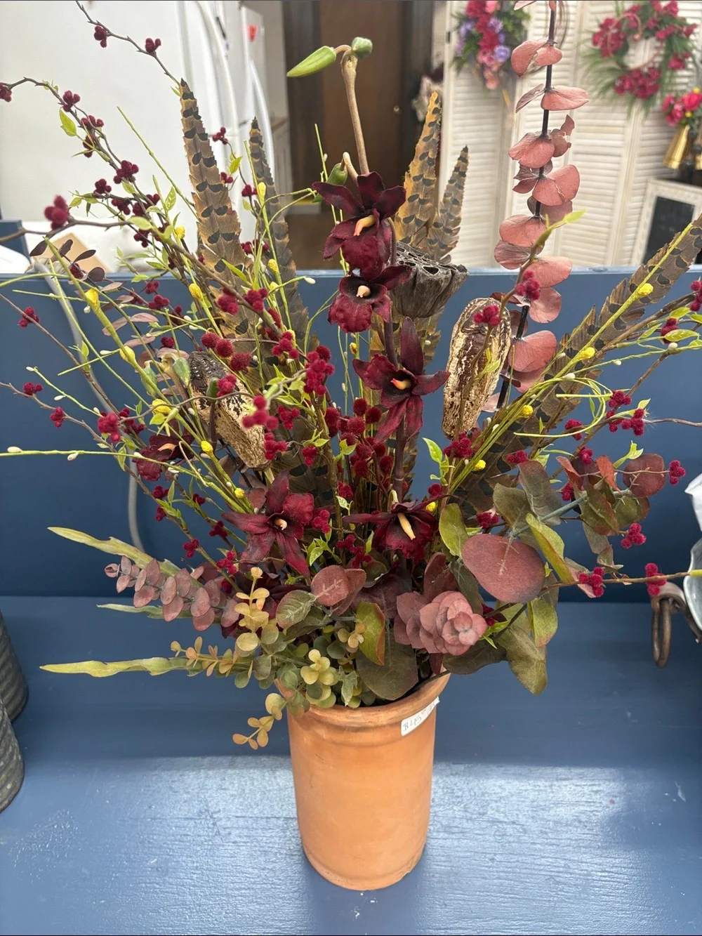 okie dokie Burgundy, Dusty Pink and Green Faux Floral Arrangement